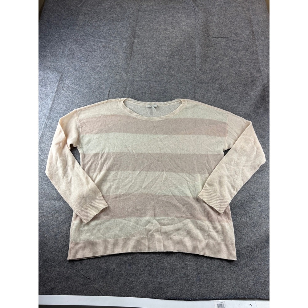 Joie‎ 100% Cashmere Striped Sweater Large Cream Tan Crew Neck Drop Shoulder SEE